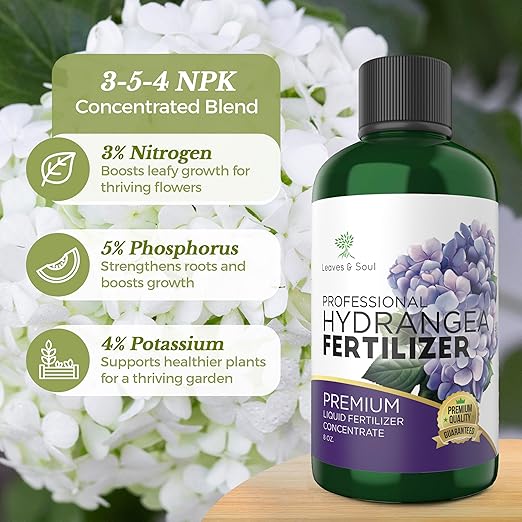 Leaves and Soul Hydrangea Professional Liquid Fertilizer - Complete 3-5-4 Nutrient Blend Concentrate for Enhanced Blooming & Growth - Perfect for Garden & Indoor Plants - New & Improved Blend - 8 oz