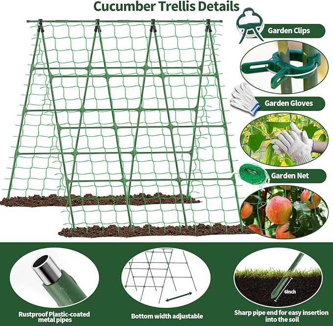 A-Frame Cucumber Trellis for Raised Bed - 63”H x 47”W, Heavy-Duty Detachable Garden Trellis with Netting & Clips, Support for Climbing Outdoor Cucumber, Tomatoes, Luffa, Bitter Melon, Vining Flowers