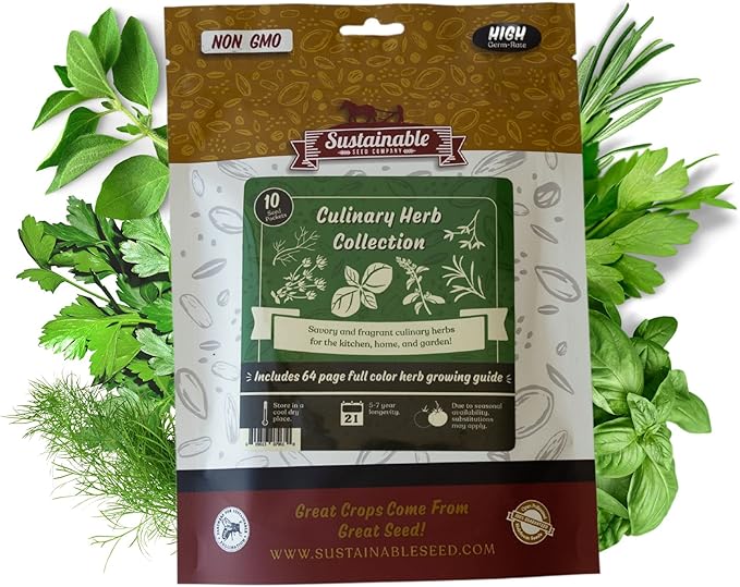 Culinary Herb Seeds Variety Pack – 10 Non-GMO Herb Seeds for Indoor & Outdoor Gardens – Includes Basil, Dill, Rosemary, Thyme & More with Planting Guide Book
