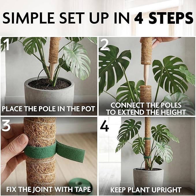Moss Pole 26.4" Small Monstera Plant Support 2 Pcs Set - Pothos Plant Climber Support with Connectable Design and Fixation Strip - Coconut Fiber Moss Poles for Monstera, Money Plants, Philodendron
