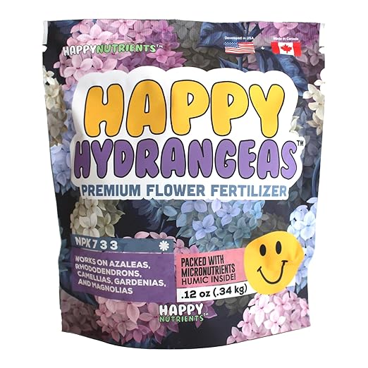 Happy Hydrangeas Fertilizer by Happy Nutrients - Premium 7-3-3 Powder with Micronutrients & Humic - Ideal for Hydrangeas, Azaleas, Rhododendrons, Camellias, Gardenias, and Magnolias - 12 oz