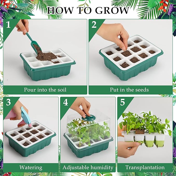 Seed Starter Tray, 48 Cells Indoor Seed Starter Kit, Flexible Silicone Designed Seedling Starter Trays, Germination Tray with Humidity Dome & Lids(4in Height), Reusable & Dishwasher Safe, BPA-FREE