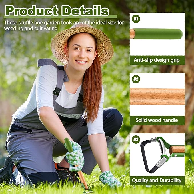 2 Pcs Mini Garden Hoes for Weeding Long Stirrup Hoe Tools Scuffle Garden Tool for Lawn Yard Weeding Gardening (Wood Handle)