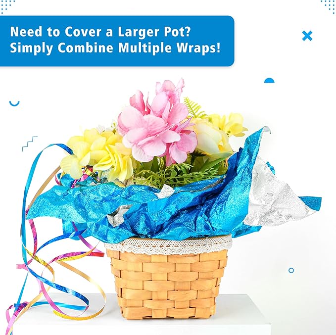 10 PCS Foil Wrap for Potted Plant, 19.7×19.7 inches Blue Floral Foil Plant Pot Covers, Matte Texture Wrapping Paper for Christmas Plant Pot, Foil Wrapping Paper for DIY Flower Pot (Blue)