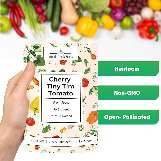 Woods Creek Seeds: Tiny Tim Tomato Seeds for Planting - Heirloom Tomato Seeds for Planting Outdoors, Indoors, Patio or Home Plant Garden - Non-GMO Seed Pack of Dwarf Cherry Tomatoes