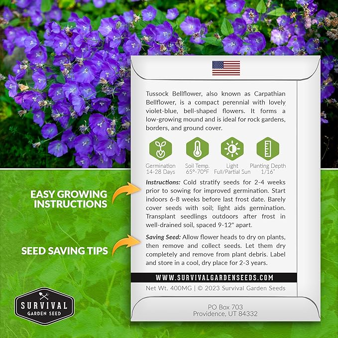 Survival Garden Seeds Tussock Bellflower Seed for Planting - 5 Packets with Instructions to Plant and Grow Campanula carpatica in Your Home Flower Garden - Non-GMO Heirloom