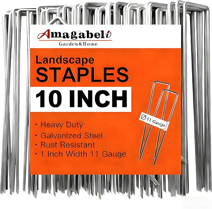 AMAGABELI GARDEN & HOME 300 Pack Galvanized Landscape Staples 10 Inch 11 Gauge Garden Staples Garden Stakes Plant Cover Stakes U-Shaped Landscape Stakes Landscape Pins for Weed Barrier Fabric