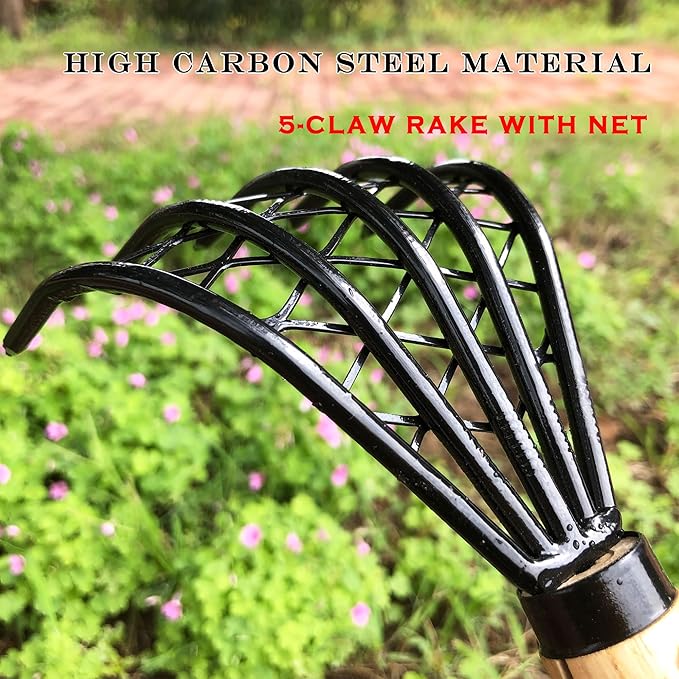 SHANFEEK Garden Rake 5-Claw Landscape Dethatcher Thatching Beach Combing Rake for Digging Clam Shell Defoliation Hoe Garden Tool for Loosen The Soil (Brown)