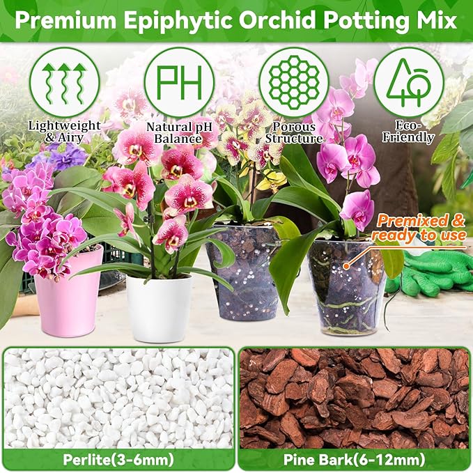 Riare 4QT Orchid Potting Mix, Natural Orchid Bark Potting Mix Soil Medium with Pine Bark and Perlite, Premium Orchid Repotting Kit for Phalaenopsis Dendrobiums, Enhanced Drainage & Root Expansion