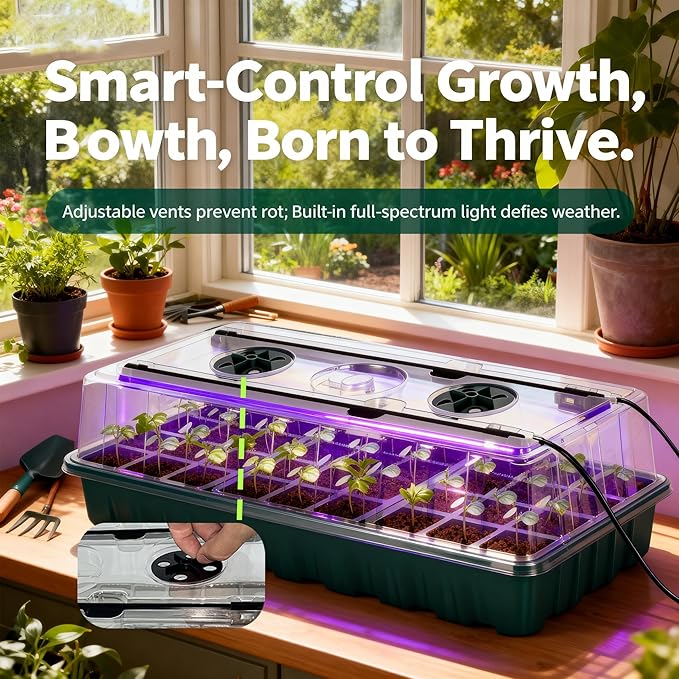 Seed Starter Tray with Grow Light, 2 Pack 72 Cells Seed Germination Kit with Humidity Dome, Adjustable Brightness Plant Germination Tray for Herb, Indoor Seedling Starter Trays for Gardening
