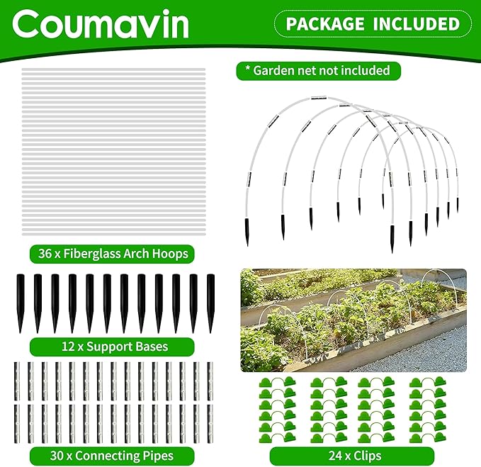 8FT Rust-Free Fiberglass Garden Hoops -36 PCS DIY Grow Tunnel Kit for Raised Beds, Row Cover Support with Connectors/Clips, Year-Round Plant Protection from Frost, White