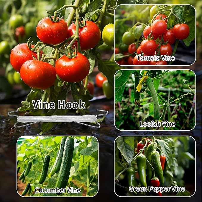 10pcs Tomato Support Hooks with 20pcs Tomato Clips, J Hooks to Prevent Tomatoes from Pinching or Falling Off, Garden Hooks with 33.3ft Twine, Plant Climbing Hooks for Tomatoes Cucumber (10)