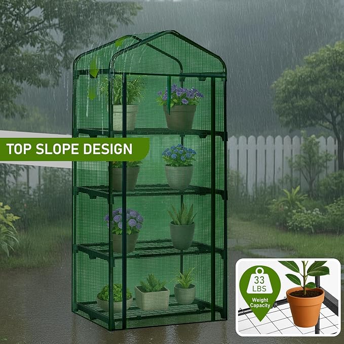 Outvita Mini Greenhouse, Small PE Plant Green House with 4 Tiers Rack, Shelf Clips, Roll-up Zipper Door, Gardening Supplies for Indoor Outdoor Seedling Frost Protection , 27"x19.6"x63" Green