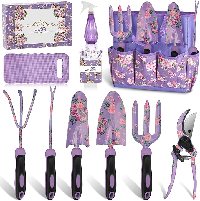 Gardening Tools, WisaKey 10 Piece Heavy Duty Purple Garden Tool Set Durable Garden Supplies Organizer Bag Garden Hand Tools Grandmother Granny Valentine's Gift for Woman