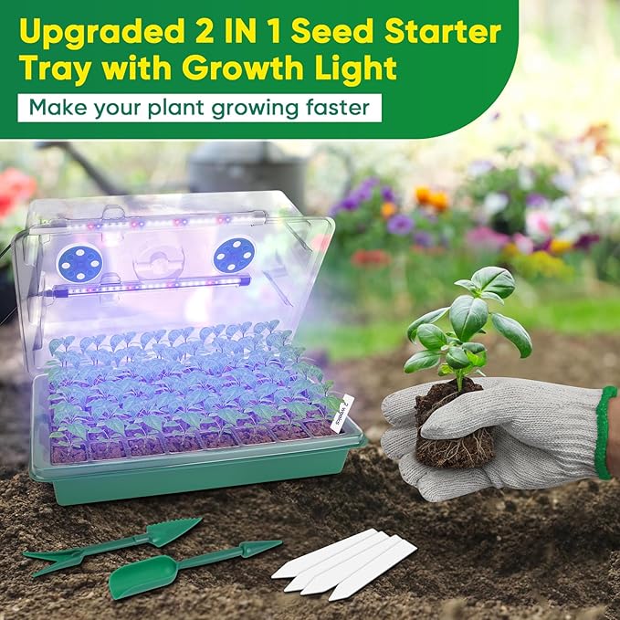 BlumWay Seed Starter Tray with Grow Light,80-Cells Seedling Tray with Humidity Dome/Indoor Grow Kit,1-24 Hours Timed Light Plant Starter Set,White&Blue&Red Grow Light