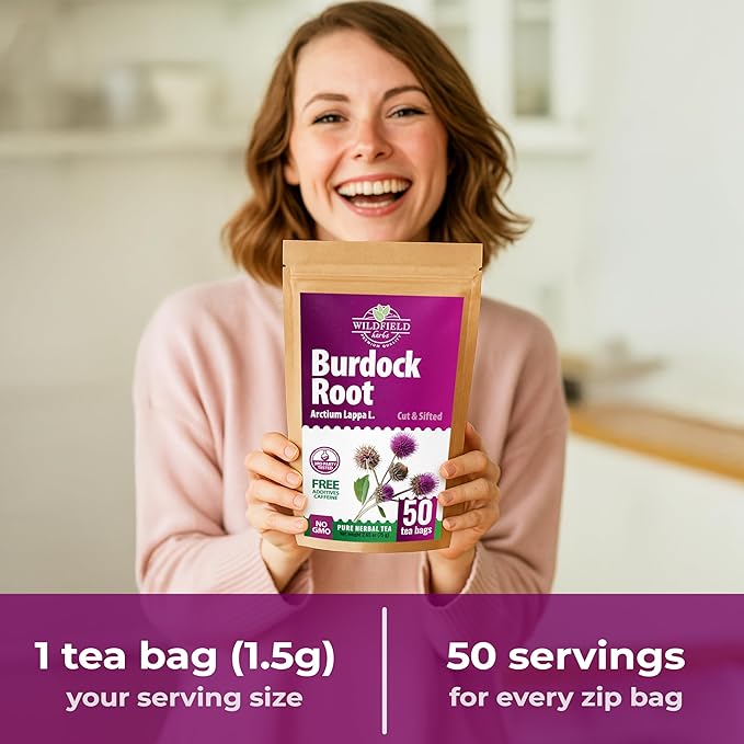 Wildfield Herbs 50 Bags Burdock Root Tea Herb Dried Burdock Root Tea Herb (Arctium Lappa Root) - 50 Count 1.5g Bags Bardana