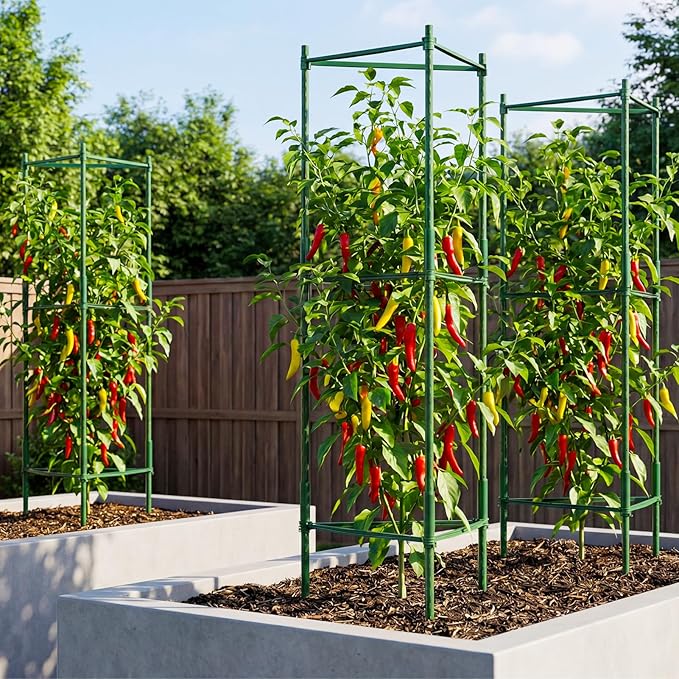 3 Pack Pepper Cages for Garden, 48" Adjustable 1–3 Tier Pepper Plant Support, Heavy Duty Steel Pepper Cage, Rust-Resistant Triangle Frame for Grow Bags, Patio & Raised Beds, Tomato Cage Alternative