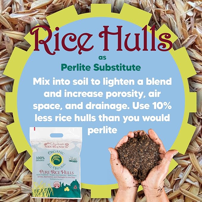 Organic Mechanics Pure Rice Hulls, 8 qt (Pack of 4) - Sustainable Alternative to Perlite - Enhances Drainage, Porosity and Air Space - Eco-Friendly