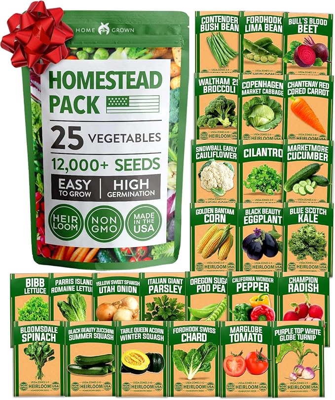 HOME GROWN 25 Variety Survival Seed Vault 12,000+ Heirloom Non-GMO Vegetable Seeds for Planting, High Germination, Family Garden Starter Kit, Tomatoes, Peppers, Carrots, Beans, Kale, Indoor Outdoor