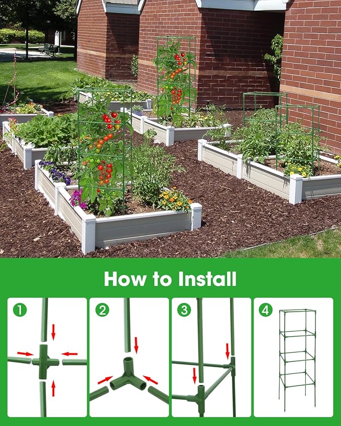 6 Pack Tomato Cage, Square Tomato Cages for Garden, Plant Trellis for Pots, Raised Garden Bed, Plant Support Stakes- 20 Clips Included