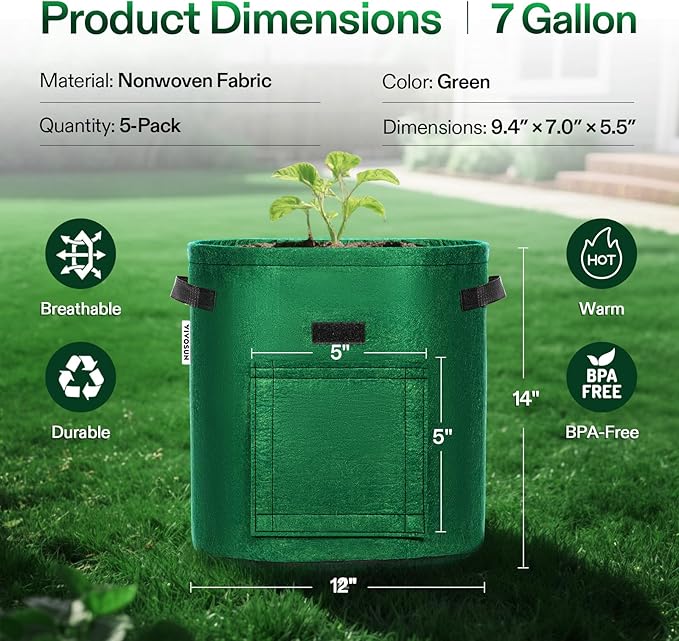 VIVOSUN 5-Pack 7 Gallon Potato Grow Bags for Growing Potatoes, Fabric Potato Pots with Handle and Roll-up Window, Potato Growing Containers Potato Planter Potato Planter for Growing Potatoes, Green