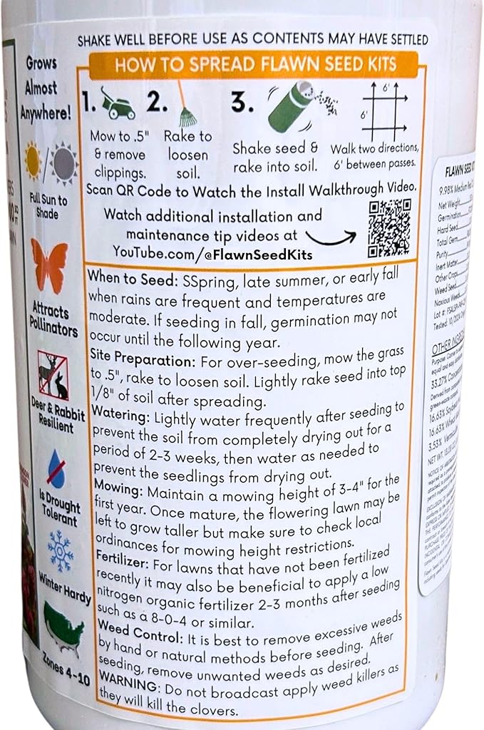 Flawn Seed Kits Bee Lawn Seed Kit, 250 SqFt, Dutch White Clover + Self-Heal + Creeping Thyme, Easy to Spread, Low Maintenance, Alternative Ground Cover, Shaker Tube