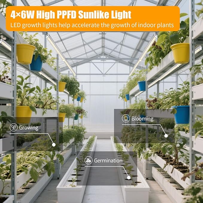 T5 1FT 0.3M 6W×4 Warm Light 3000K Grow Light Tubes,Full Spectrum LED Grow Lights,6W Energy Efficient,Plug & Play,for Hydroponics/Soil Seedlings Vegetables Herbs Flower (4 Packs)
