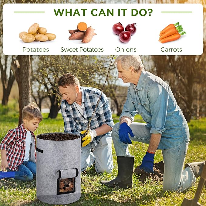 Yoojahow 2 Pack 30 Gallon Potato Grow Bags with Harvest Window, Durable Garden Planter Bags with Handles for Potatoes, Tomatoes, and Vegetables - Indoor & Outdoor Gardening Supplies (Gray)