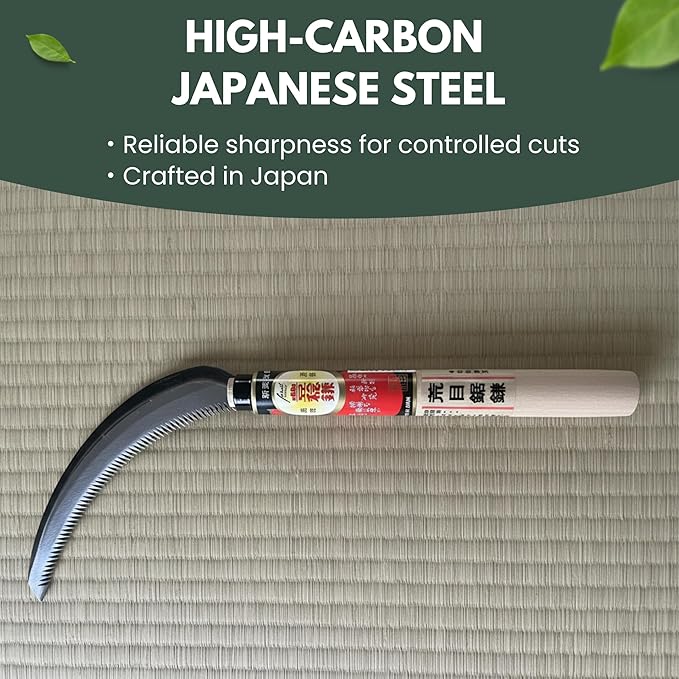 Hounen Miyawaki Japanese Weeding Sickle (Kama) – Curved Saw-Tooth Edge, Non-Twisted Blade, High-Carbon Japanese Steel, Lightweight Natural Wood Handle, Made in Japan