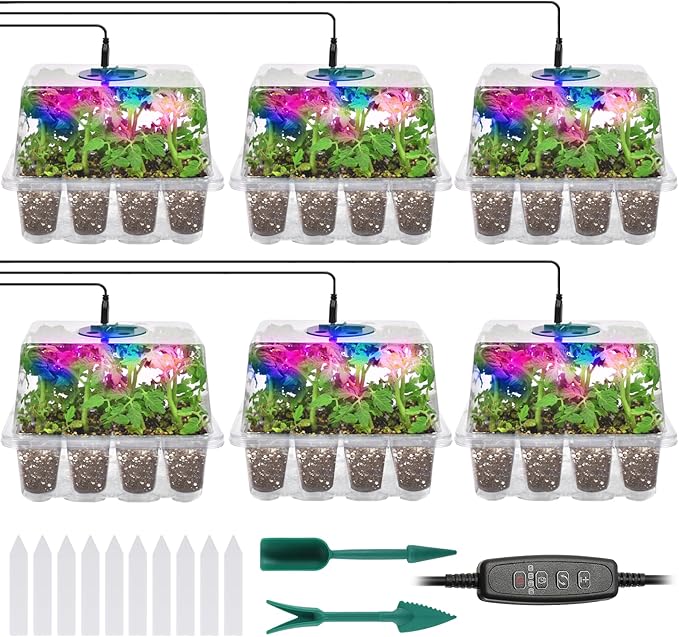 Seed Starter Trays with Grow Lights, 72 Cells Seed Starter Kit with Lights, 4 Timing Set, Germination Kit for Seed Starting Trays, Seedling Starter with High Humidity Control Domes (White, 6PCS)