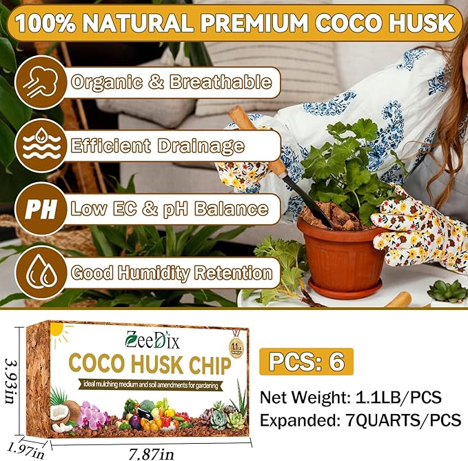 Zeedix 6 Pack Coco Husk Chips for Plants, 100% Organic Coconut Chips Mulch with Low EC & PH Balance, All Purpose for Indoor Plant Flowers Herbs Vegetables, Reptiles Terrarium Tanks Substrate(6.6LB)