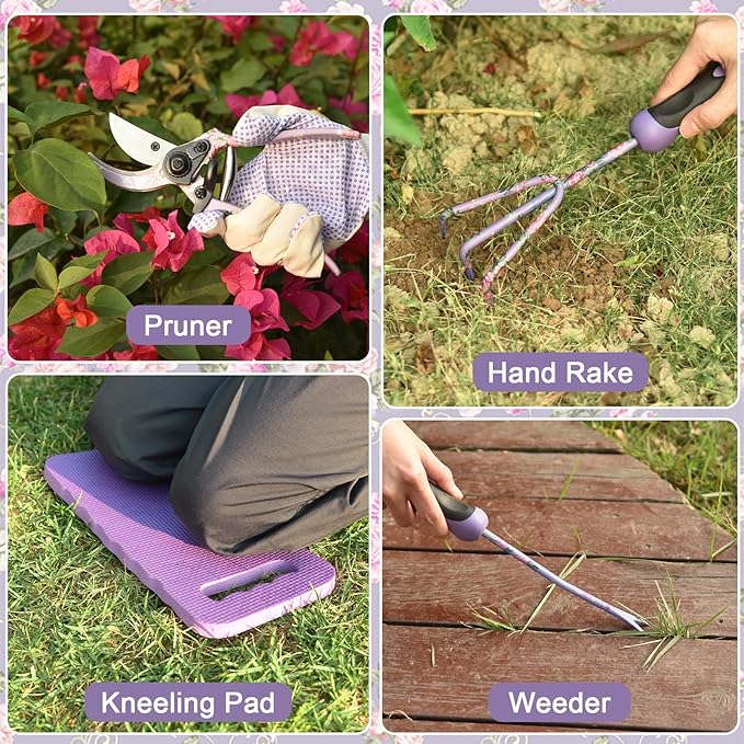 Gardening Tools, WisaKey 10 Piece Heavy Duty Purple Garden Tool Set Durable Garden Supplies Organizer Bag Garden Hand Tools Grandmother Granny Valentine's Gift for Woman