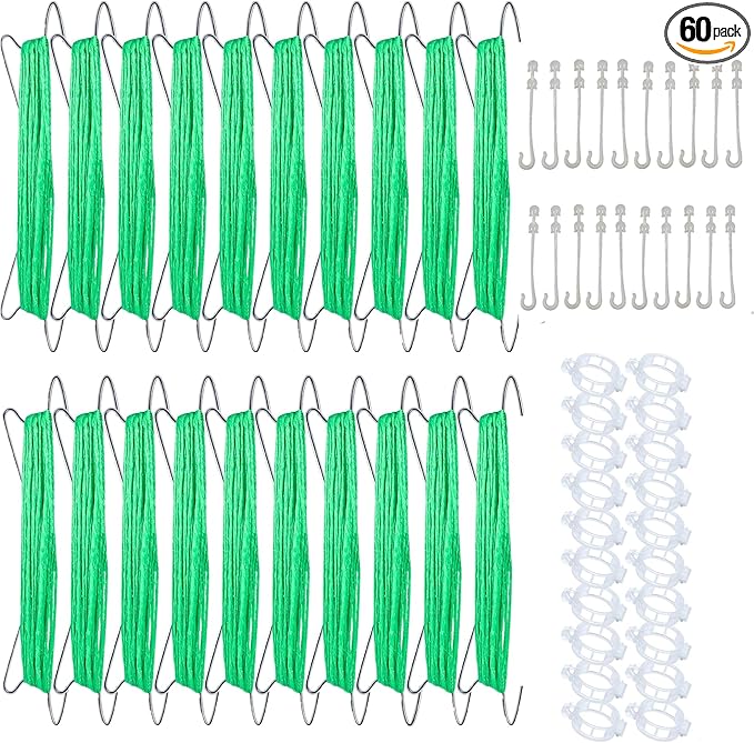 60pcs Tomato Hooks With String, Tomatoes Holder Hooks with 32.8ft Twine & Plant Support Clips, Vegetable Support J-Hook Clips Climbing Vine Crop Trellis Hooks for Vegetable Plant Fruit Flower (Green)