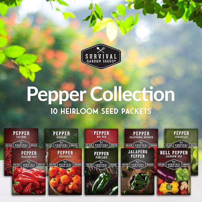 10 Pepper Seed Packs for Planting | Jalapeño, Serrano, Cayenne, Bell, Habanero, Poblano & More – Hot & Sweet Heirloom Non-GMO Peppers Collection – Survival Garden Seeds