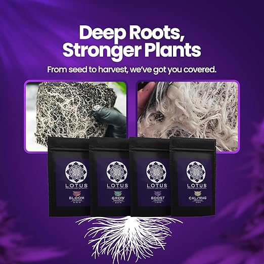 Lotus Nutrients Intro Pack - 4-Part Sample Kit with Grow, Bloom, Boost & Cal/Mag - Powdered Plant Nutrients for Hydroponics, Coco Coir & Soil - Trial Size for Indoor & Outdoor Growers