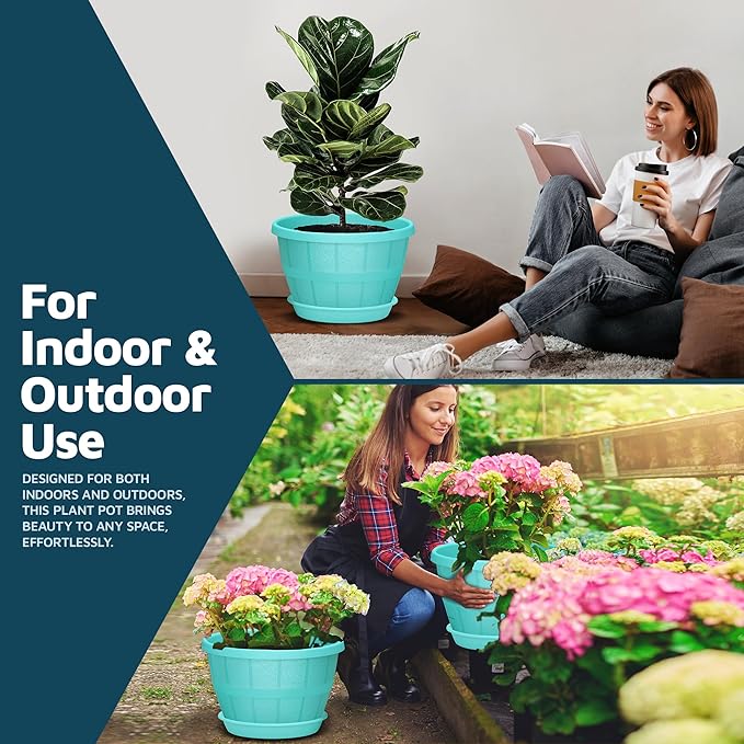 10-Inch Whiskey Barrel Planters Outdoor Pack of 20 - Durable Plastic Plant Pots for Indoor & Outdoor Use with Drainage & Saucer, Lightweight Rustic Barrel Planters for Flowers, Herbs & Small Plants