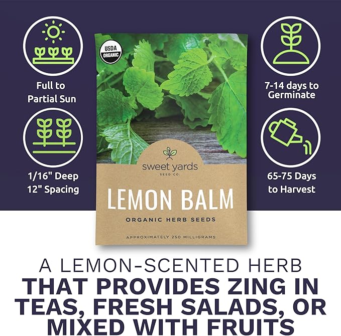 Sweet Yards Seed Co. Organic Lemon Balm – Two Seed Packets! – Approx. 682 Open Pollinated Non-GMO Herb Seeds