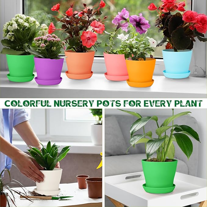 Aodaer 72 Pack 4 Inch Plastic Flowerpot with Multiple Drainage Holes and Tray Indoor Outdoor Flower Plant Nursery Pots with Labels Flower Seedling Pots for Herb Garden Home Succulents, Assorted Colors