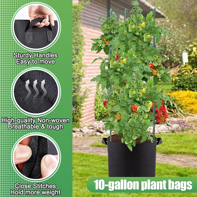 2 Sets Tomato Cages with 10-Gallon Sturdy Grow Bags, 48.5" Planter Support Trellis Pots Kit for Garden, Flowers Vegetable Cages for Cucumbers Eggplants Vertical Climbing Plants Vines