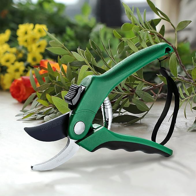 Nevlers 8" Green Bypass Pruning Shears Heavy Duty | Flower Shears & Pruning Scissors w/Steel Blades, Blade Lock & No-Slip Grip | 8mm Cut Capacity Garden Clippers Handheld for Flower Stems & Branches