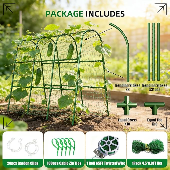 Garden Arch Trellis for Climbing Plants, PVC Support Frame with Netting, Outdoor Growing Structure for Vegetables, Vines, Flowers, Raised Bed Compatible (Green, 48 * 33 * 48inch (L*W*H))
