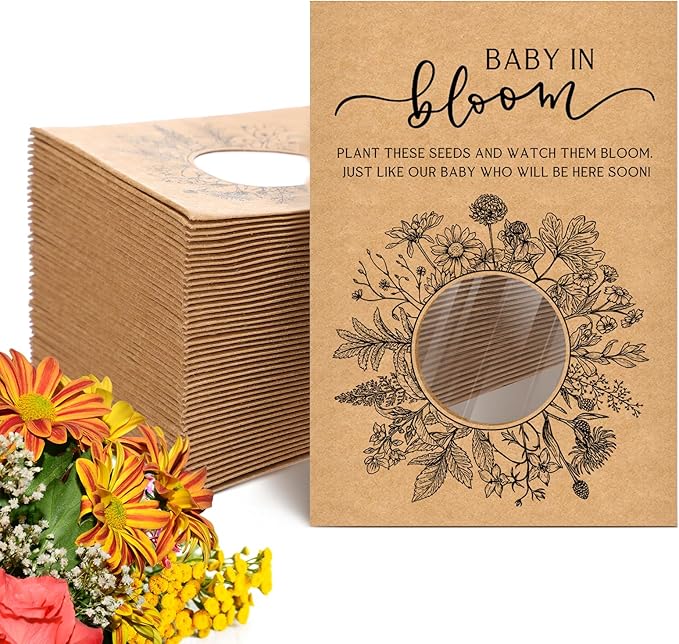Fumete 25 Pack Baby Shower Party Favor Baby in Bloom Packet Kraft Bags with Window Envelopes Resealable Organizer Storage Bag for Gender Reveal Party Favors(Plant)
