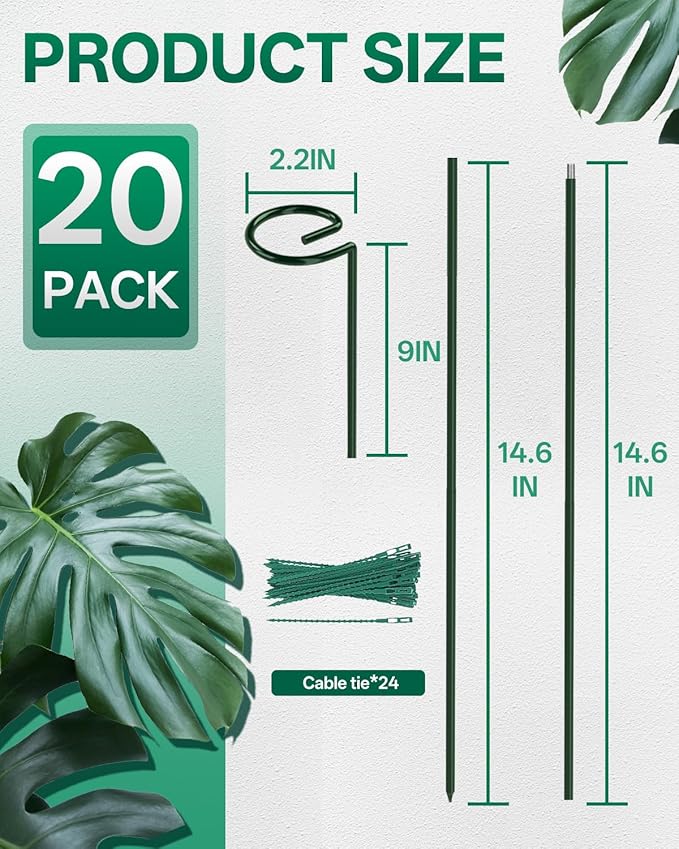 Breeze Touch 20 Pack Plant Stakes, 35.4 Inch Plant Support Stakes with 15 Twist Ties, Plant Sticks Support, Flower Stakes for Plants Peony, Tomato Seedling, Marigold, Amaryllis, Sapling, Coreopsis