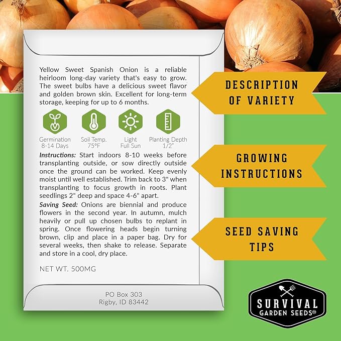Yellow Sweet Spanish Onion Seeds for Planting – Large Mild Long Day Yellow Onions with High Yield & Sweet Flavor – Heirloom, Non-GMO, Open-Pollinated – Survival Garden Seeds (3 Packs)