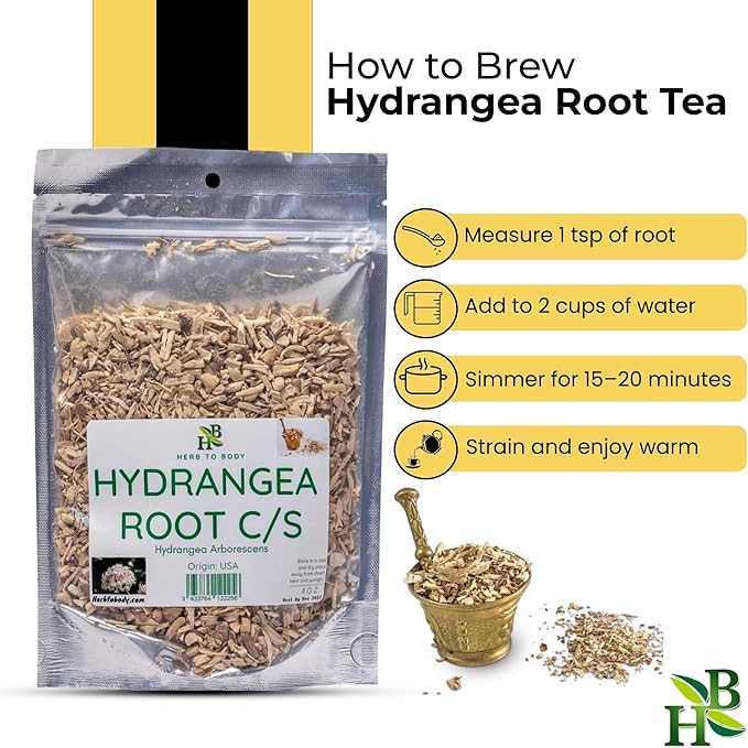 Herb To Body Hydrangea Root Cut & Sifted - 4 oz, Wildcrafted Dried Hydrangeas for Herbal Tea, Hydrangea Root Tea and Traditional Wellness Uses