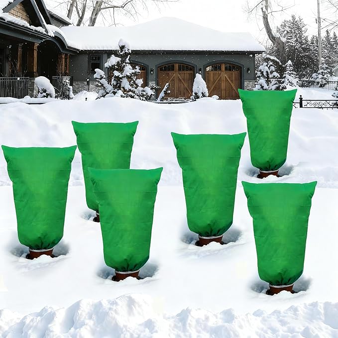 Spring Plant Covers Wind and Frost Protection, Reusable & Breathable Non-Woven Fabric Plant Covers with Zipper Drawstring to Protect Trees, Garden Flower, 5 Pack, Green, 31.5" x 47.3"