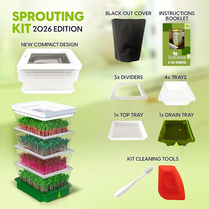 2026 Upgraded 4-Tier Stackable Seed Sprouter with Air Holes & Easy Sink-Draining Spout Tray – Soil-Free Sprouting System for Broccoli, Alfalfa & Bean Sprouts.