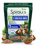 Nature Jims Sprouts 3 Bean Seed Mix - Certified Organic Green Pea, Lentil, Adzuki Bean Seeds for Planting - Non-GMO Vegetable Seeds - Resealable Bag for Freshness - Fast Sprouting Bean Seeds - 16 Oz