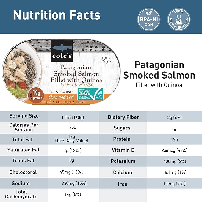 COLE’S - Patagonian Smoked Salmon Fillet with Quinoa| Ready to Eat Meal | 5.6 oz Hand-Packed Canned Fish | 19g Protein | High in Vitamin D | 1 Unit