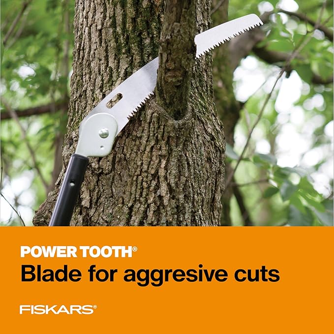 Fiskars Telescopic Pole Pruner (Extends from 3-feet to 8-feet), Hand Saw For Tree Cutting with 12-Inch Double-Grind Saw